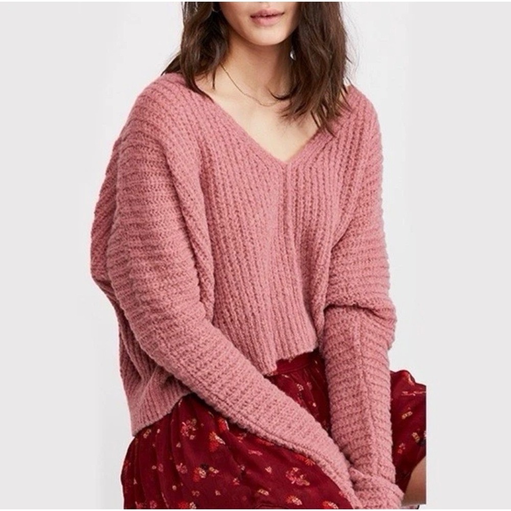 Free People Moonbeam Alpaca Blend V-Neck Ribbed Oversized Sweater Rose Pink Sz M